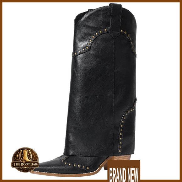 Women's Chunky Heel Fold Over Mid Calf Studded Boots Snip Toe Pull On